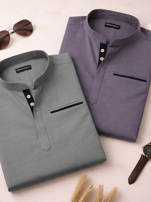 Pack Of 2 Urban Fit Grey & Purple Short Linen Kurta For Men