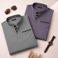 Pack Of 2 Urban Fit Grey & Purple Short Linen Kurta For Men