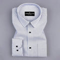 Folded white shirt with blue stripes on a gray background