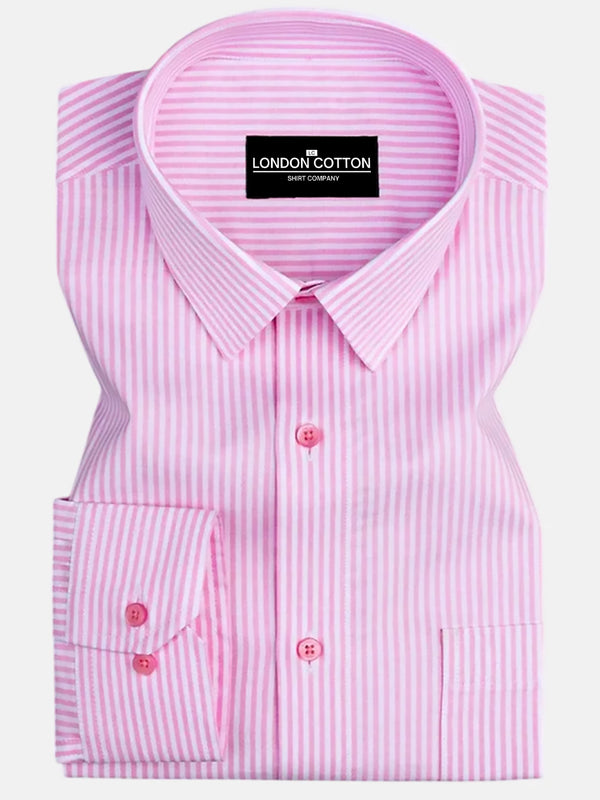 Pink striped shirt with 'London Cotton' label on a white background