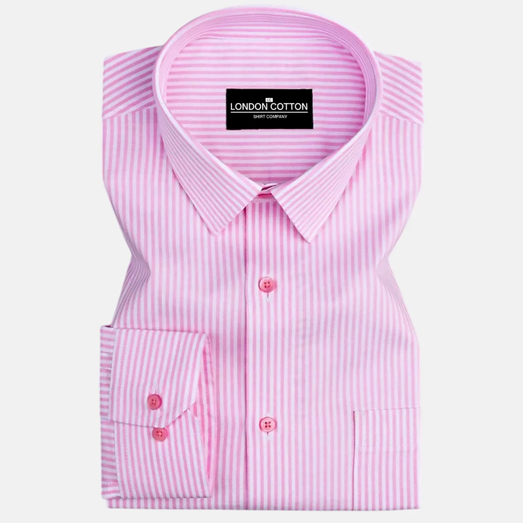 Pink striped shirt with 'London Cotton' label on a white background