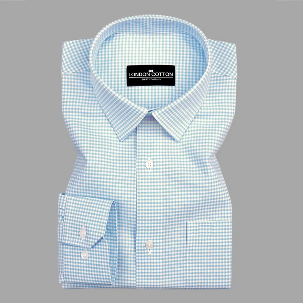 Blue checkered shirt with 'London Cotton' label on a gray background