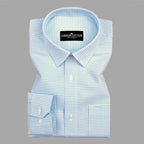 Blue checkered shirt with 'London Cotton' label on a gray background