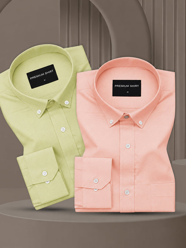 Pack of 2 Oxford Cotton Shirt For Men (Lime Green & Peach)