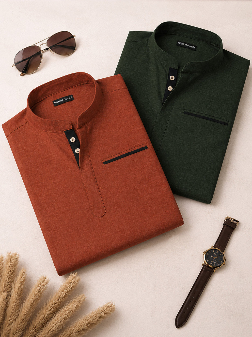 Pack Of 2 Urban Fit Orange & Bottle Green Short Linen Kurta For Men