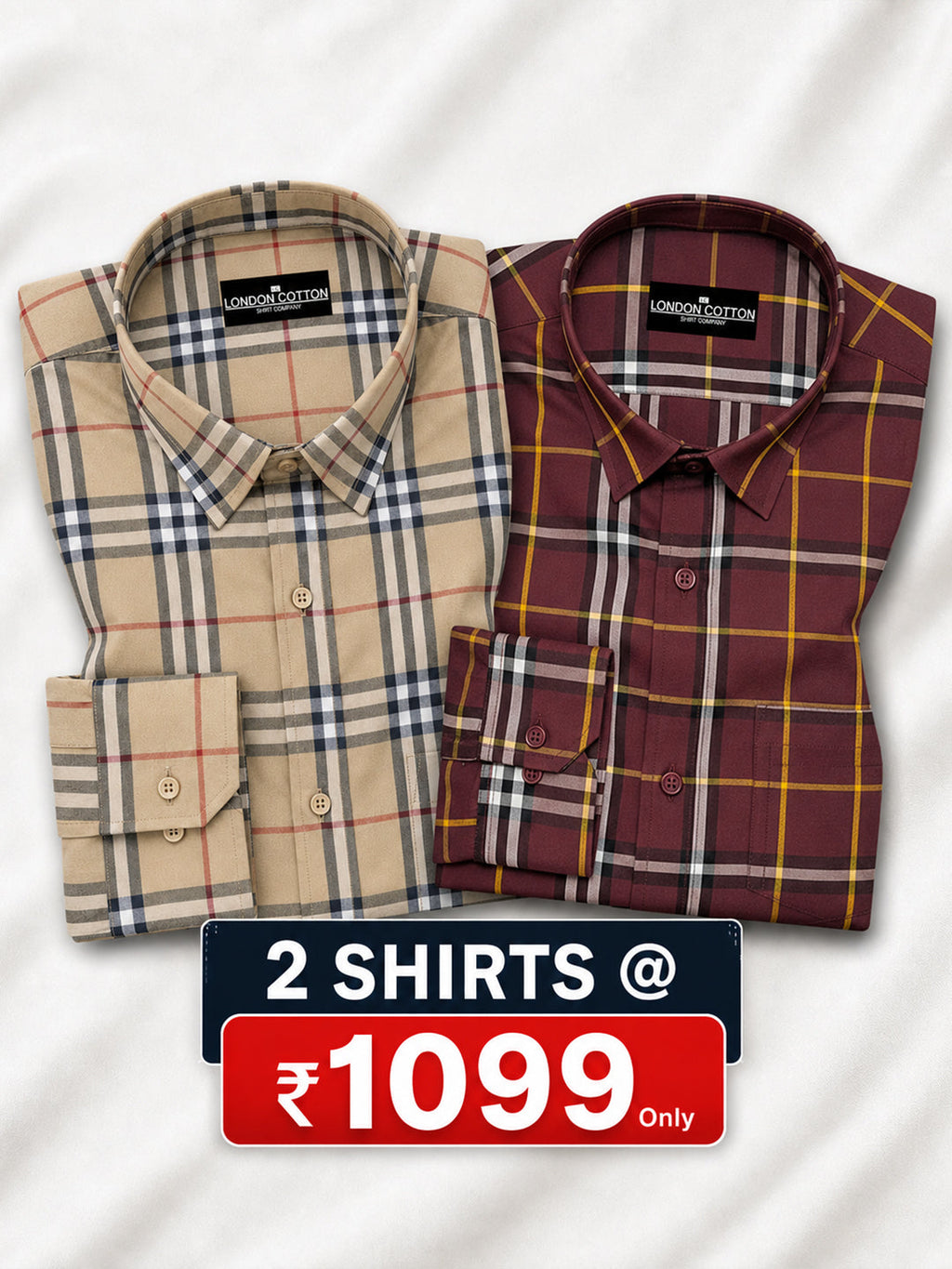 Pack of 2 Tartan Check Cotton Shirt (Mustard & Red)