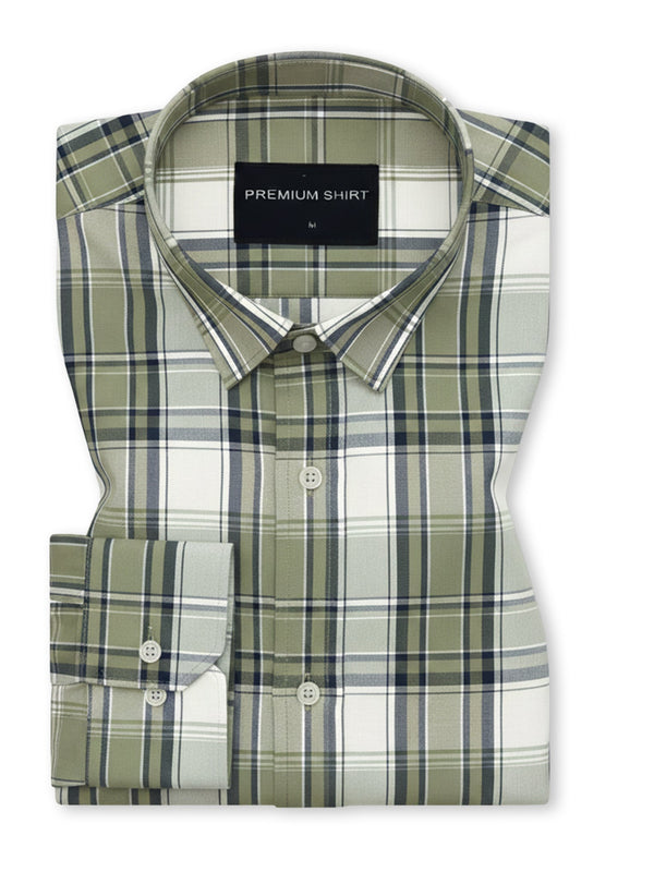 Olive Green Classic Check Paper Cotton Shirt For Men