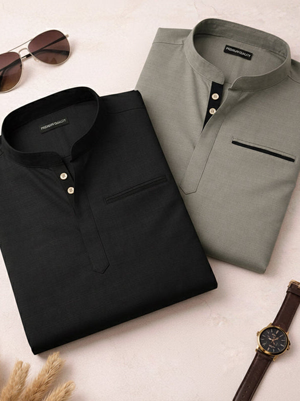 Pack Of 2 Urban Fit Olive & Black Short Linen Kurta For Men