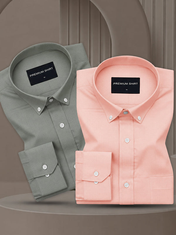 Pack of 2 Oxford Cotton Shirt For Men (Olive &Peach)
