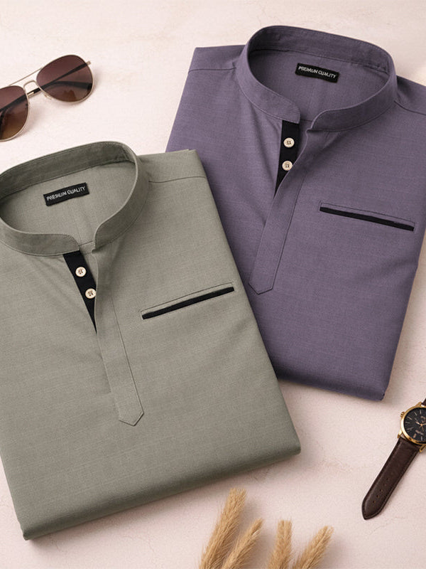 Pack Of 2 Urban Fit Olive & Purple Short Linen Kurta For Men
