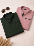 Pack Of 2 Urban Fit Bottle Green & Rose Gold Short Linen Kurta For Men