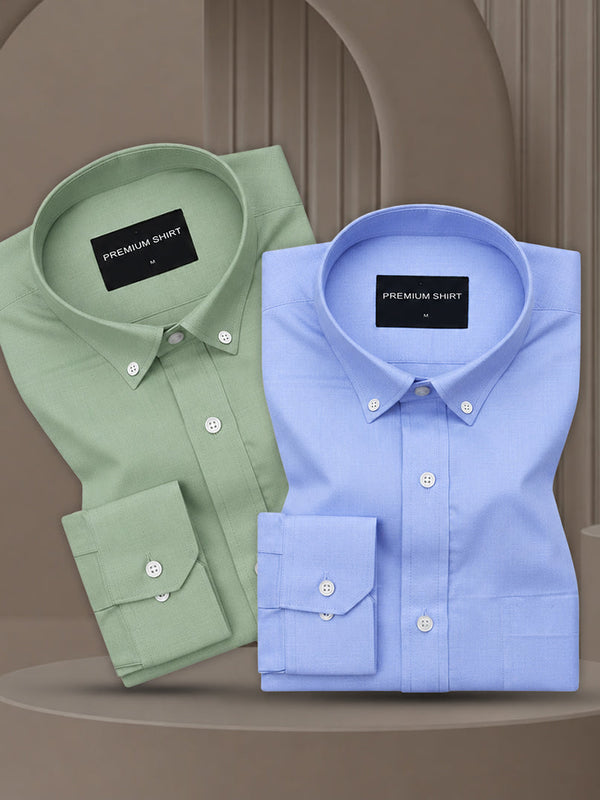 Pack of 2 Oxford Cotton Shirt For Men (Sea Green & Denim Blue)