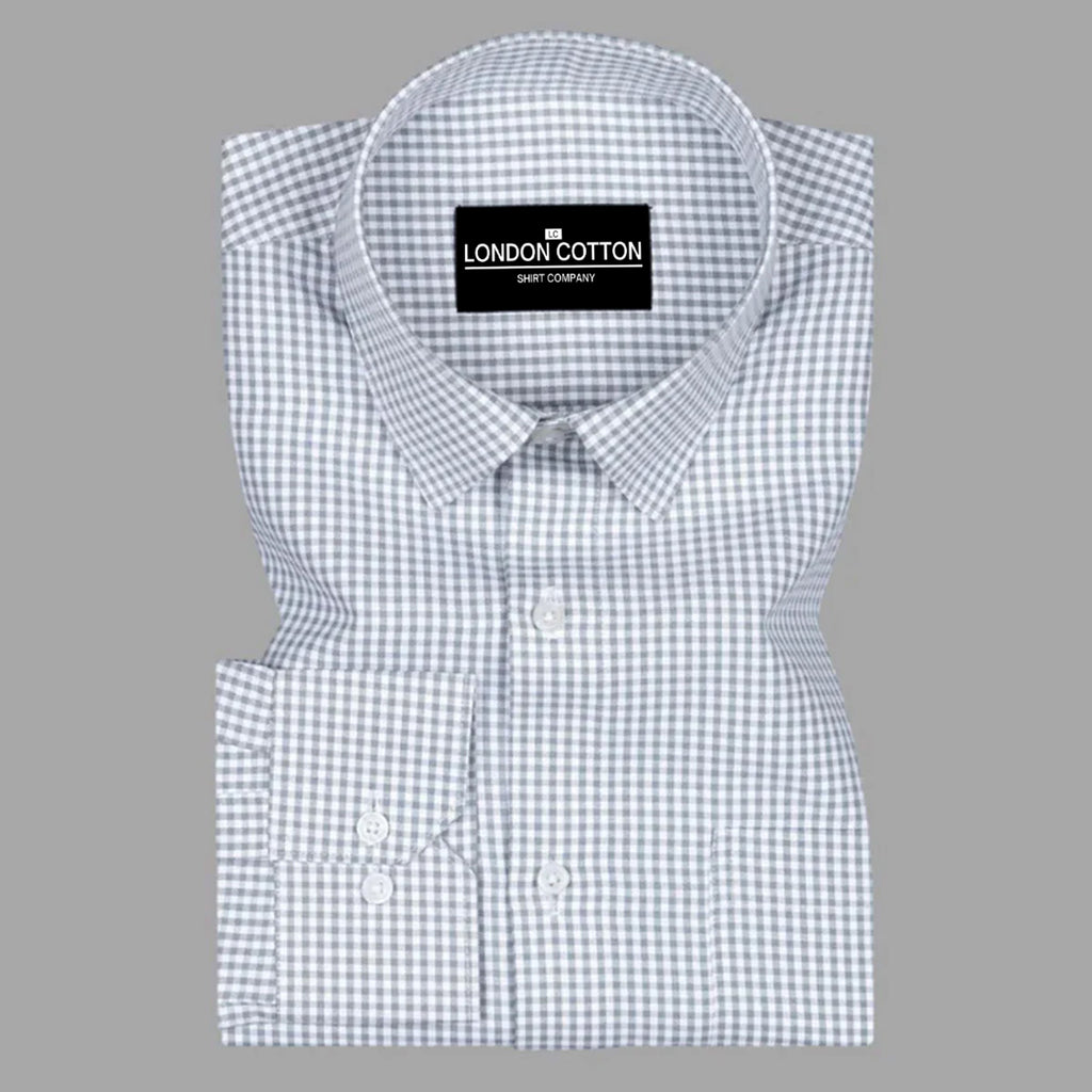 Checkered shirt with 'London Cotton' label on a gray background