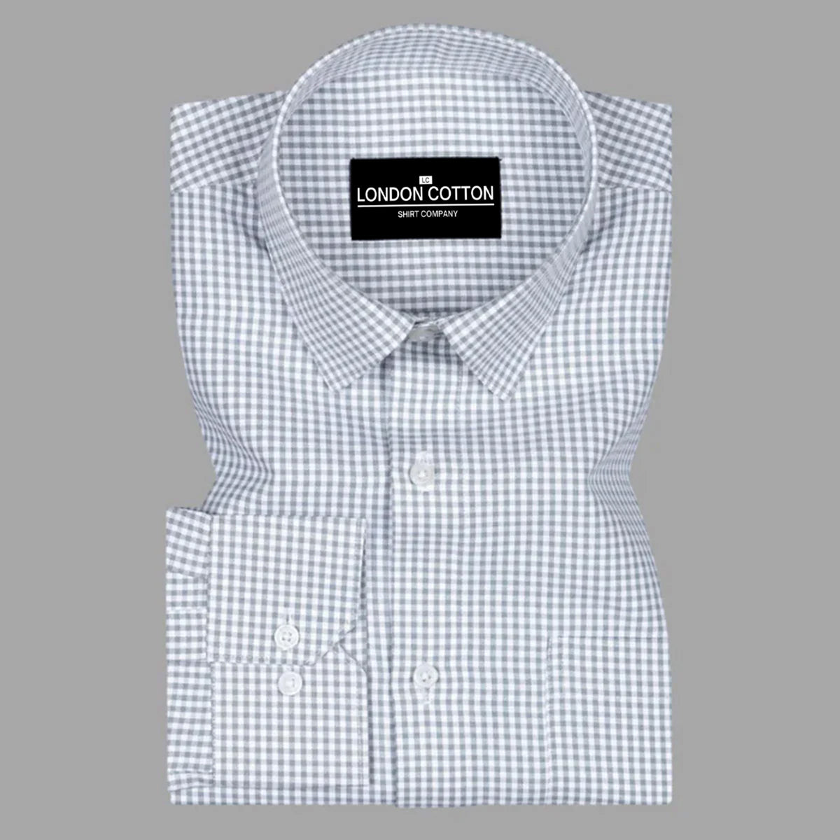 Checkered shirt with 'London Cotton' label on a gray background