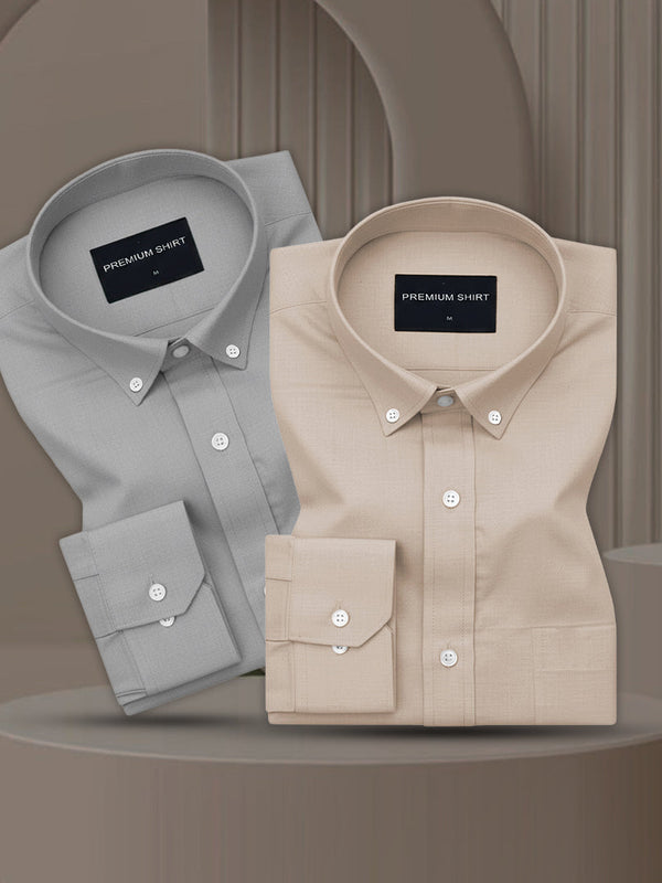 Pack of 2 Oxford Cotton Shirt For Men (Silver & Beige)