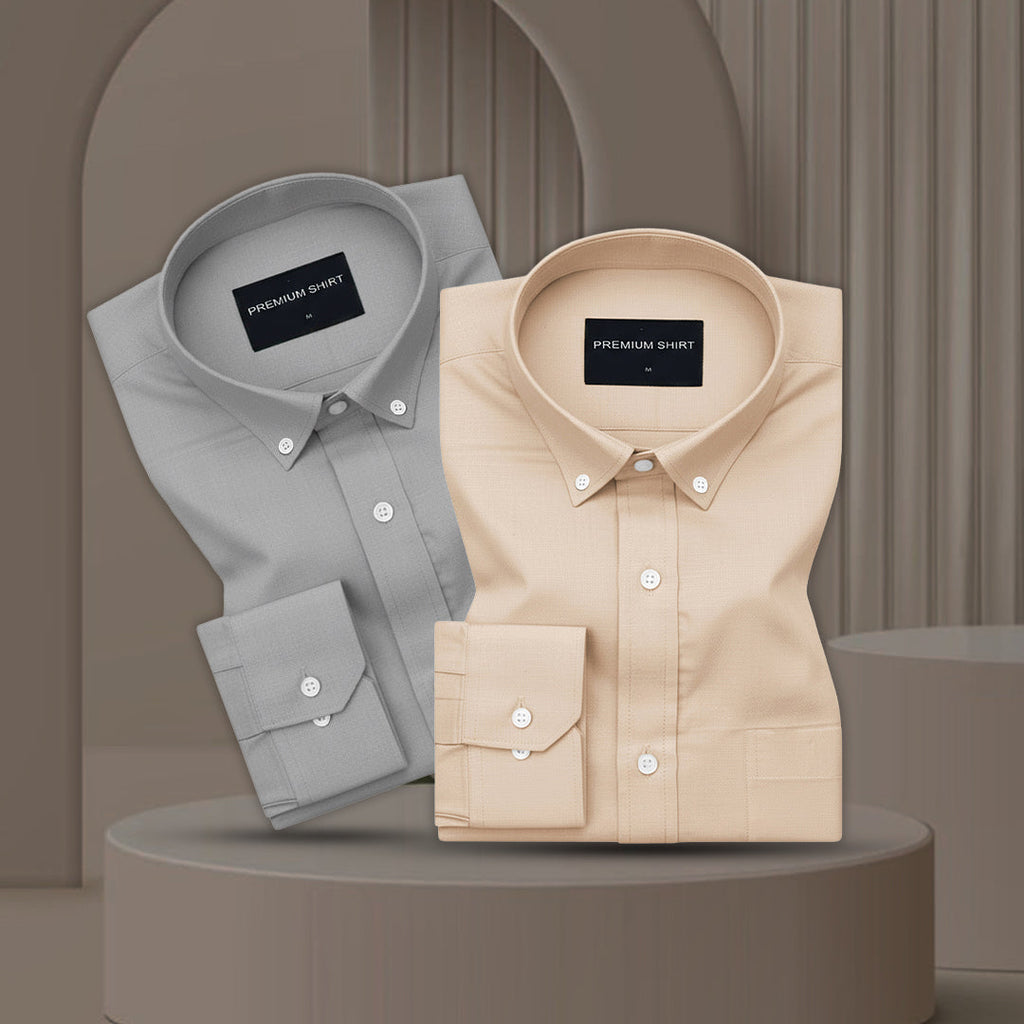 Pack of 2 Oxford Cotton Shirt For Men (Silver & Cream)