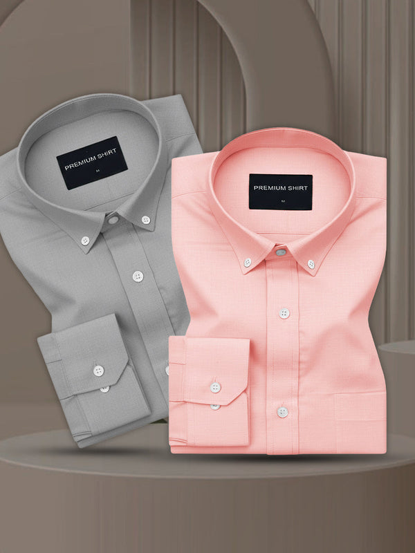 Pack of 2 Oxford Cotton Shirt For Men (Silver & Peach)