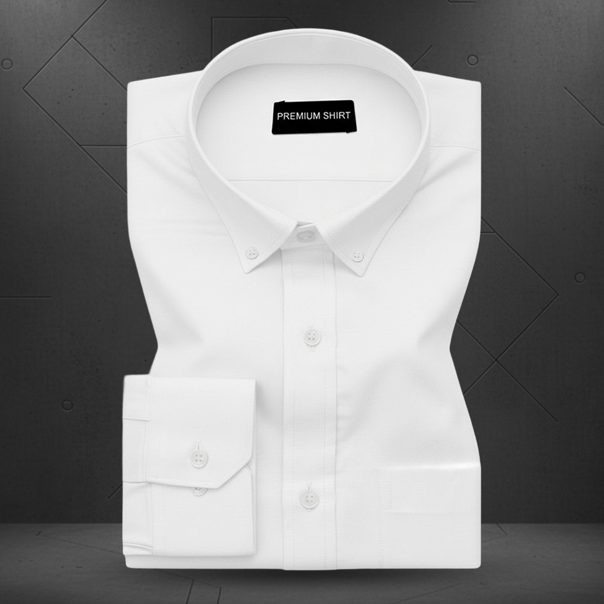 White dress shirt on a black background with 'Premium Shirt' label
