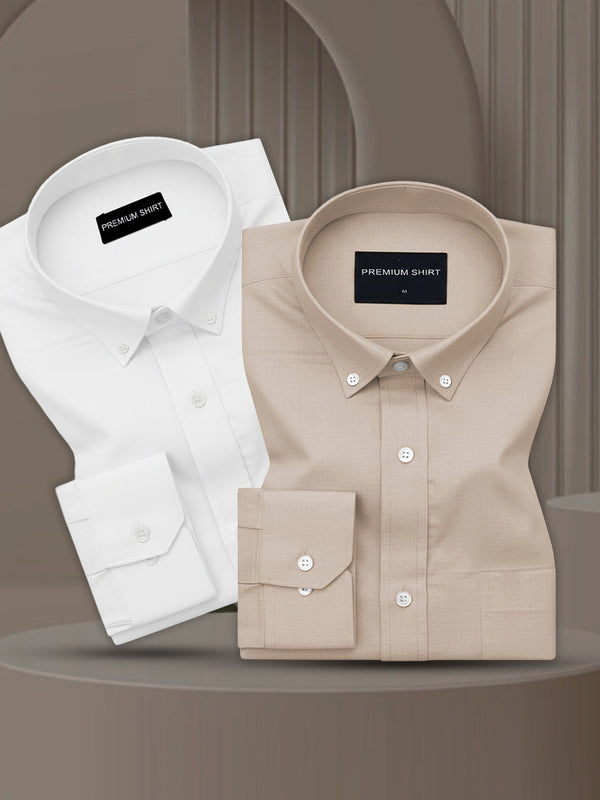 Pack of 2 Oxford Cotton Shirt For Men (White & Beige)