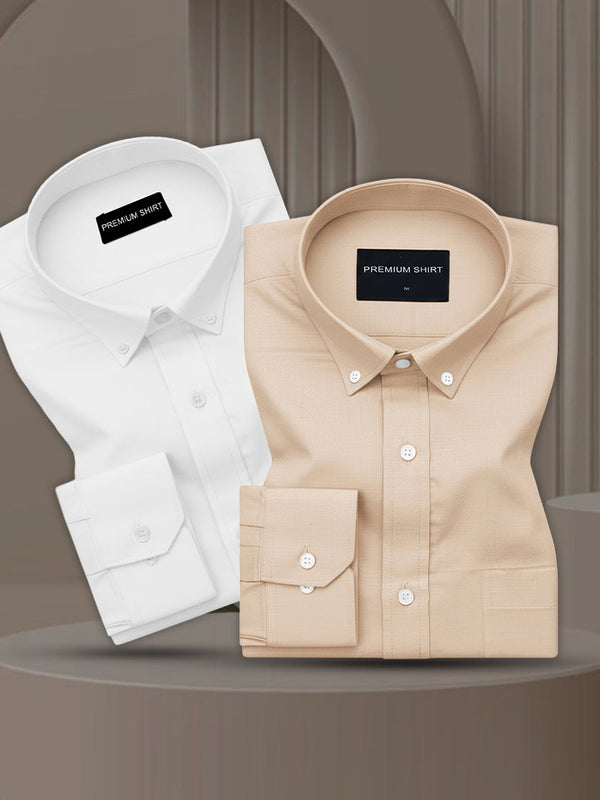 Pack of 2 Oxford Cotton Shirt For Men (White & Cream)