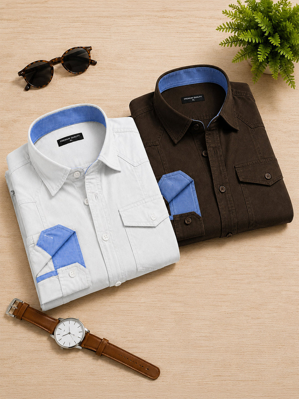 Pack Of 2 Cargo Style White & Dark Brown Shirt