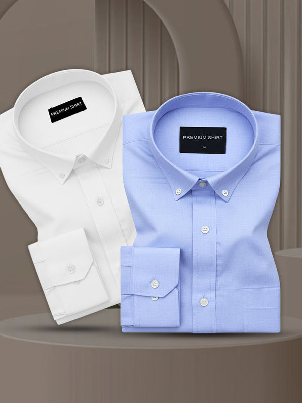 Pack of 2 Oxford Cotton Shirt For Men (White & Denim Blue)