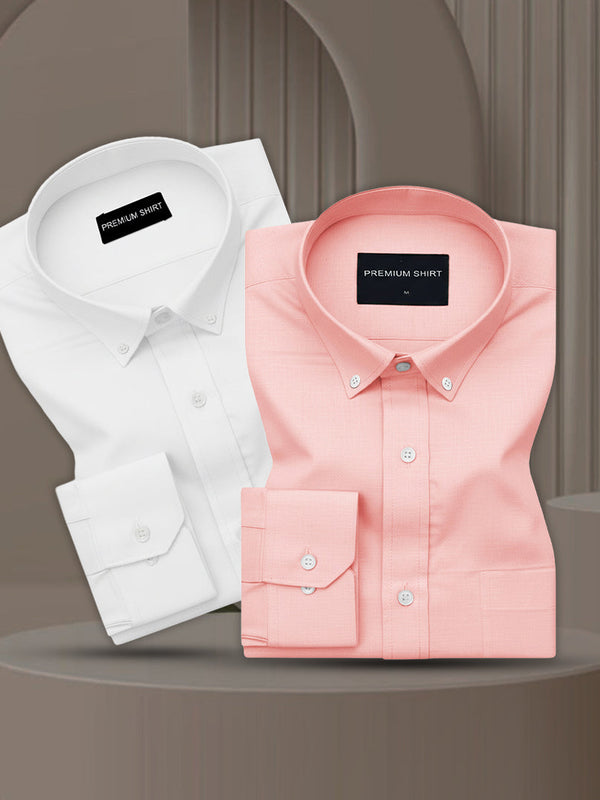 Pack of 2 Oxford Cotton Shirt For Men (White & Peach)