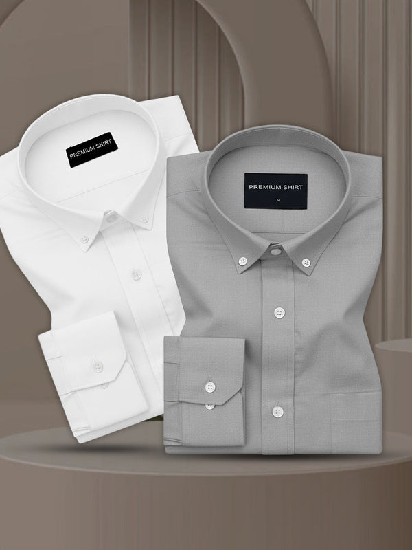 Pack of 2 Oxford Cotton Shirt For Men (White & Silver)