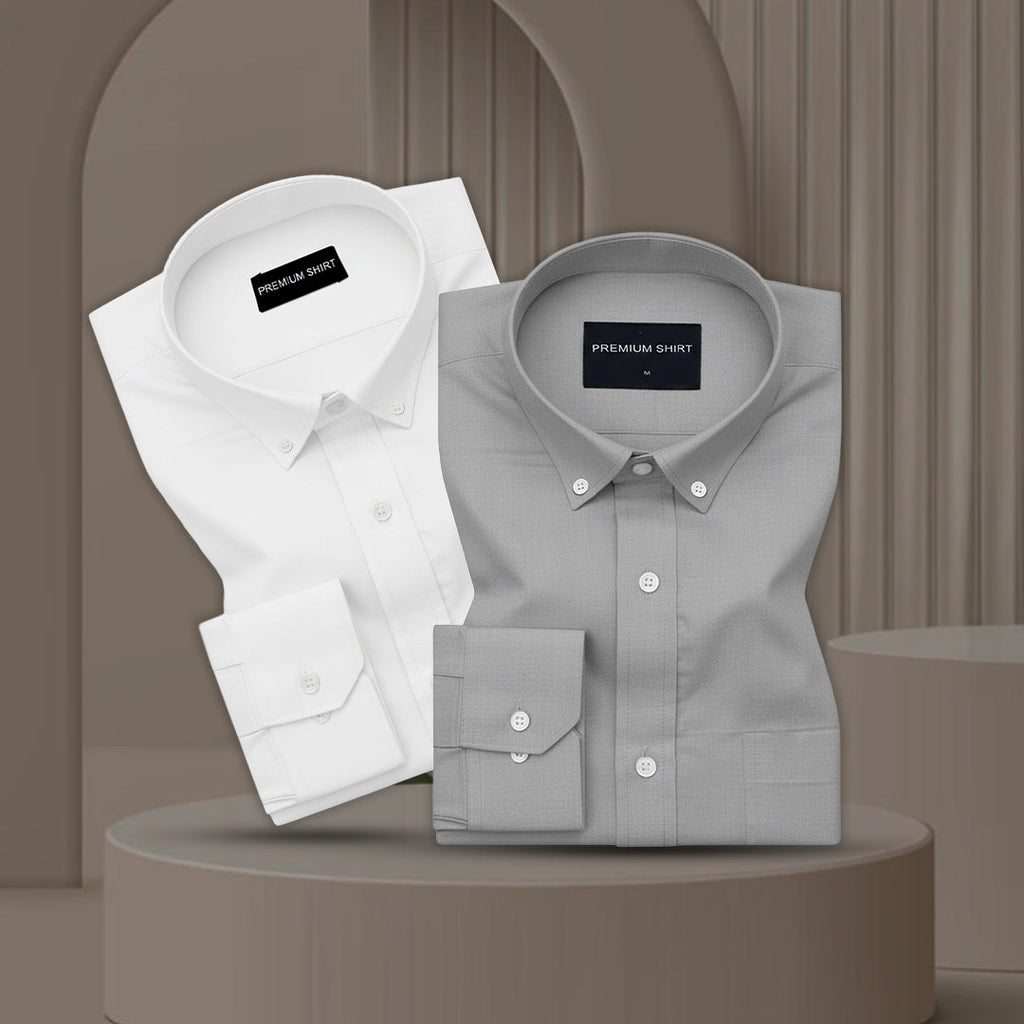 Pack of 2 Oxford Cotton Shirt For Men (White & Silver)