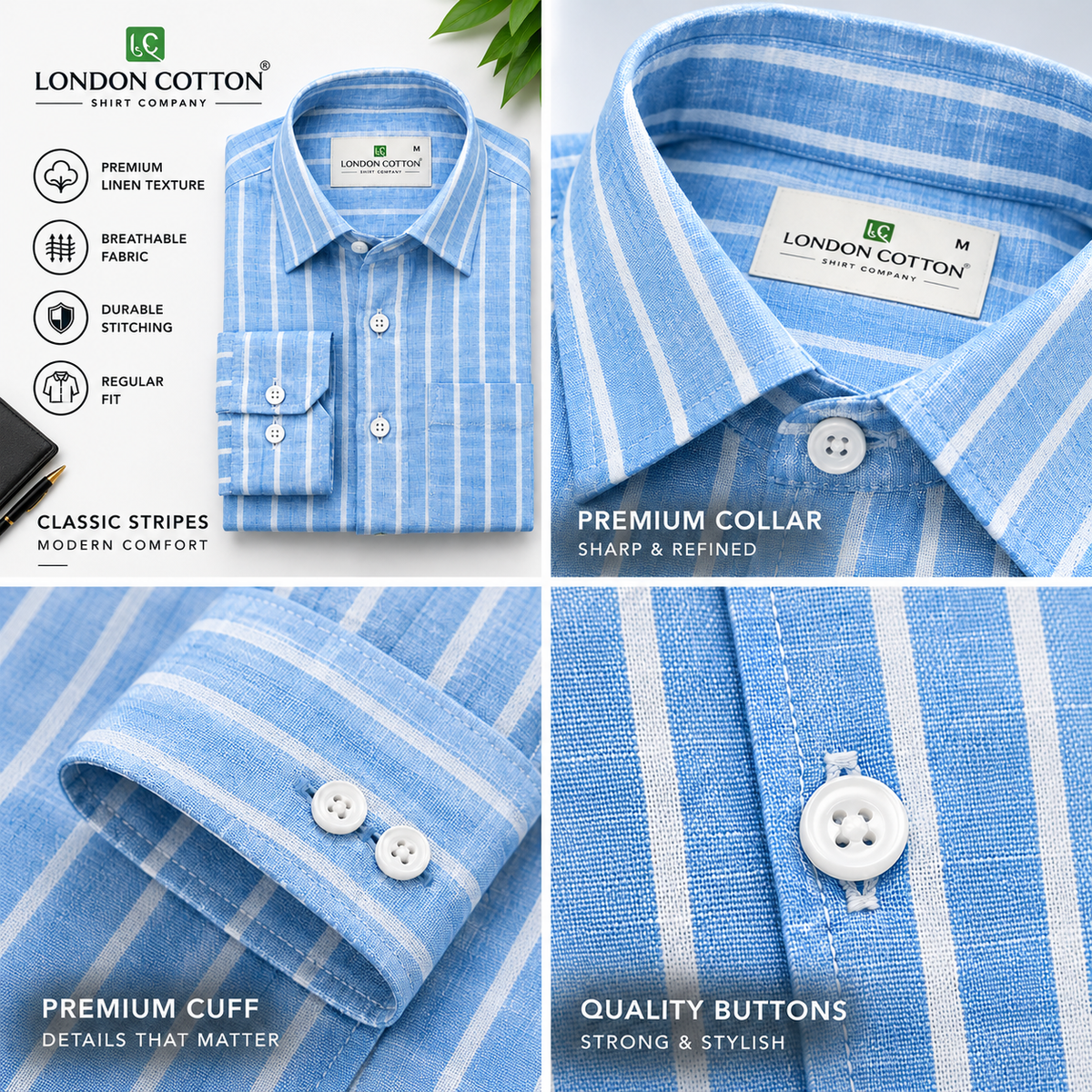 Men's Sky Blue Striped Linen Textured Shirt – Regular Fit