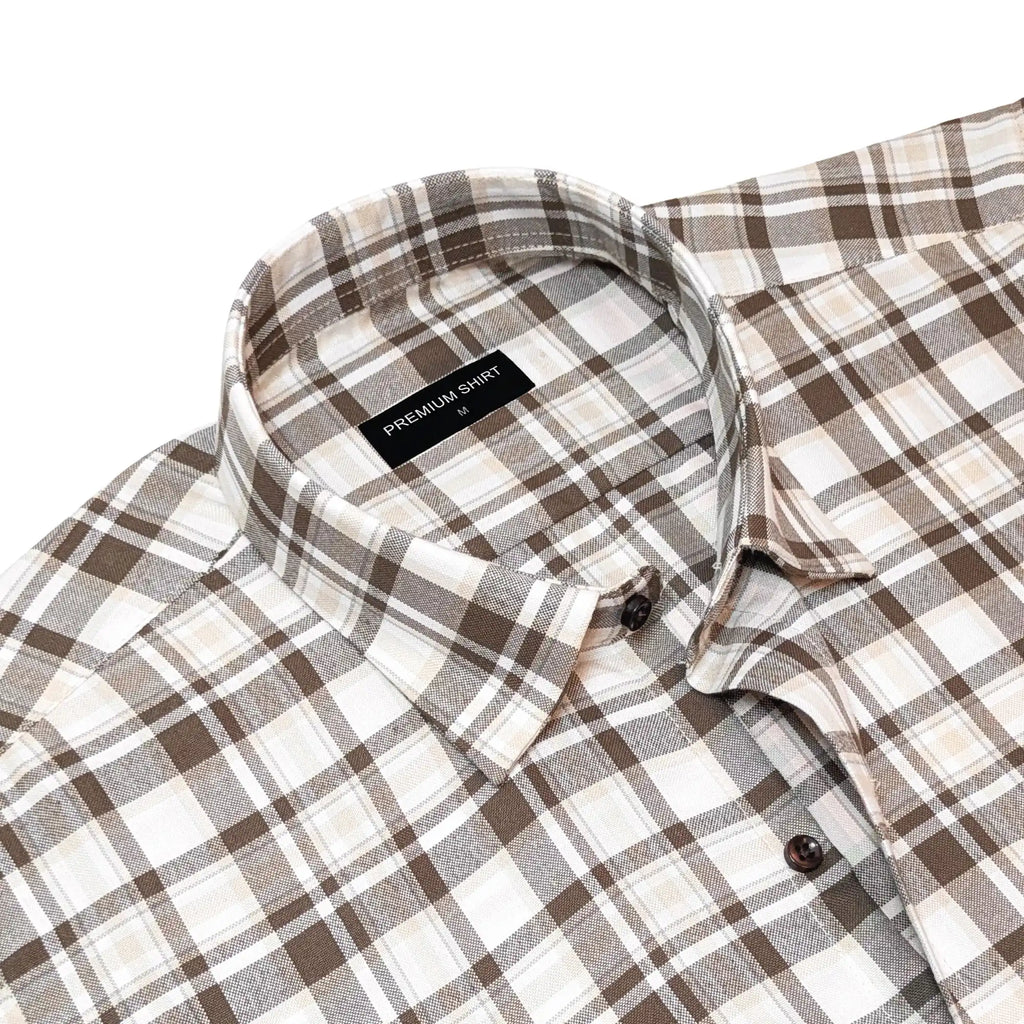 Cream & Brown Classic Check Cotton Blend Shirt for Men