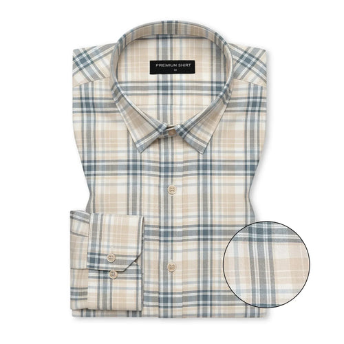Beige & Teal Classic Check Cotton Blend Shirt for Men