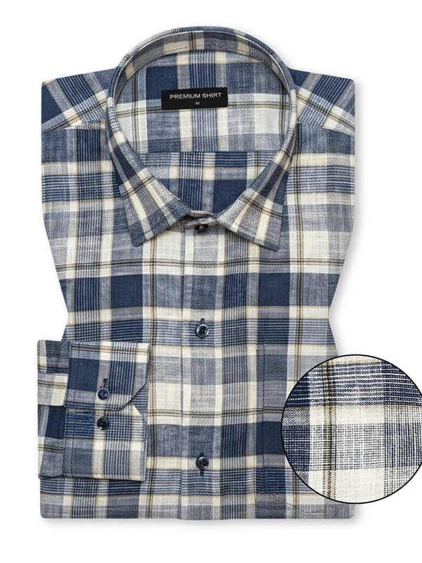 Navy Blue Check Linen Shirt For Men